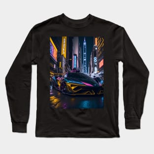 Dark Neon Sports Car in Japanese Neon City Long Sleeve T-Shirt